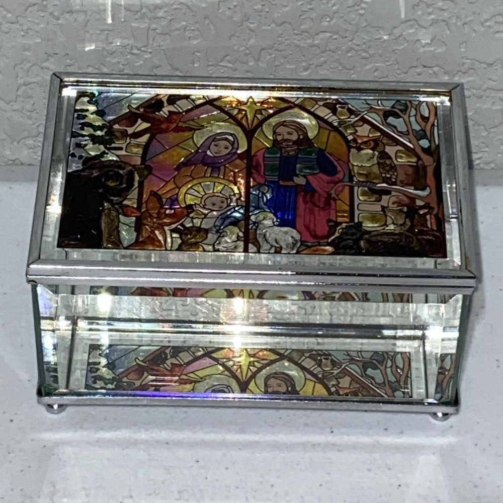 VTG AMIA Denver Hand Painted Stained Style Glass Mirror Trinket Box Nativity